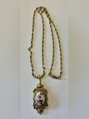 Vintage Art Nouveau Revival Hand-Painted Floral Necklace